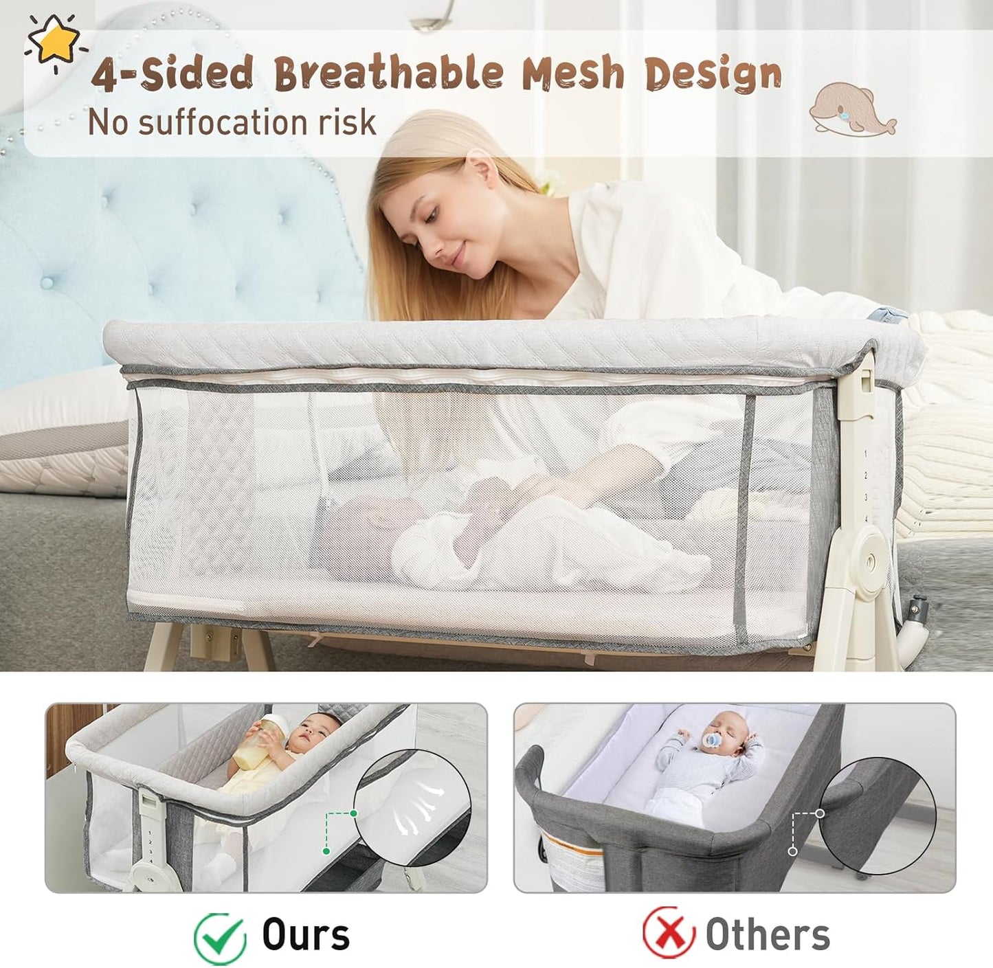 Baby Bassinet Bedside Sleeper for Baby,Bedside Bassinet with Wheels and Storage Basket,All Mesh 6 Height Adjustable Easy to Assemble Bedside Crib (Upgrade Grey)