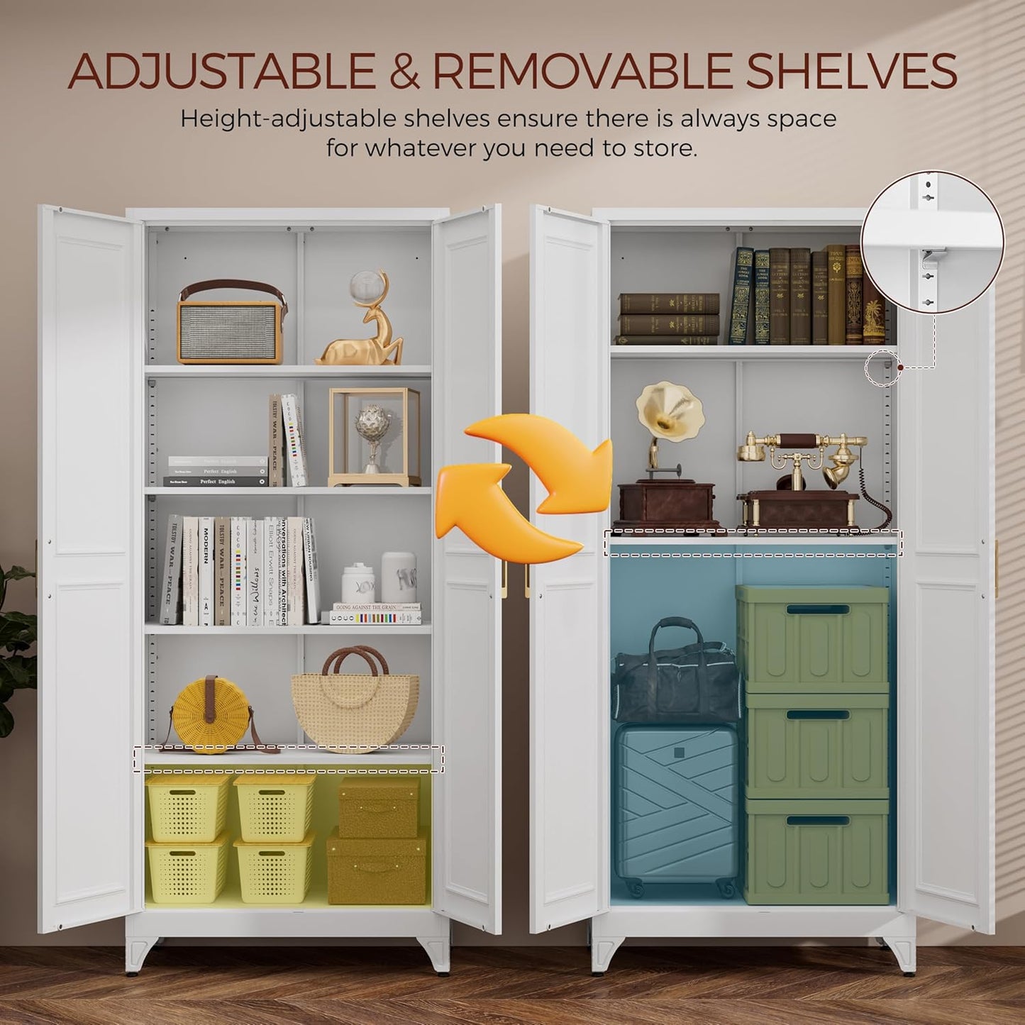 75" Kitchen Pantry Cabinet, White Metal Storage Cabinets with 2 Doors and 4 Adjustable Shelves, Tall Pantry Storage Cabinet for Kitchen, Dining Room, Living Room