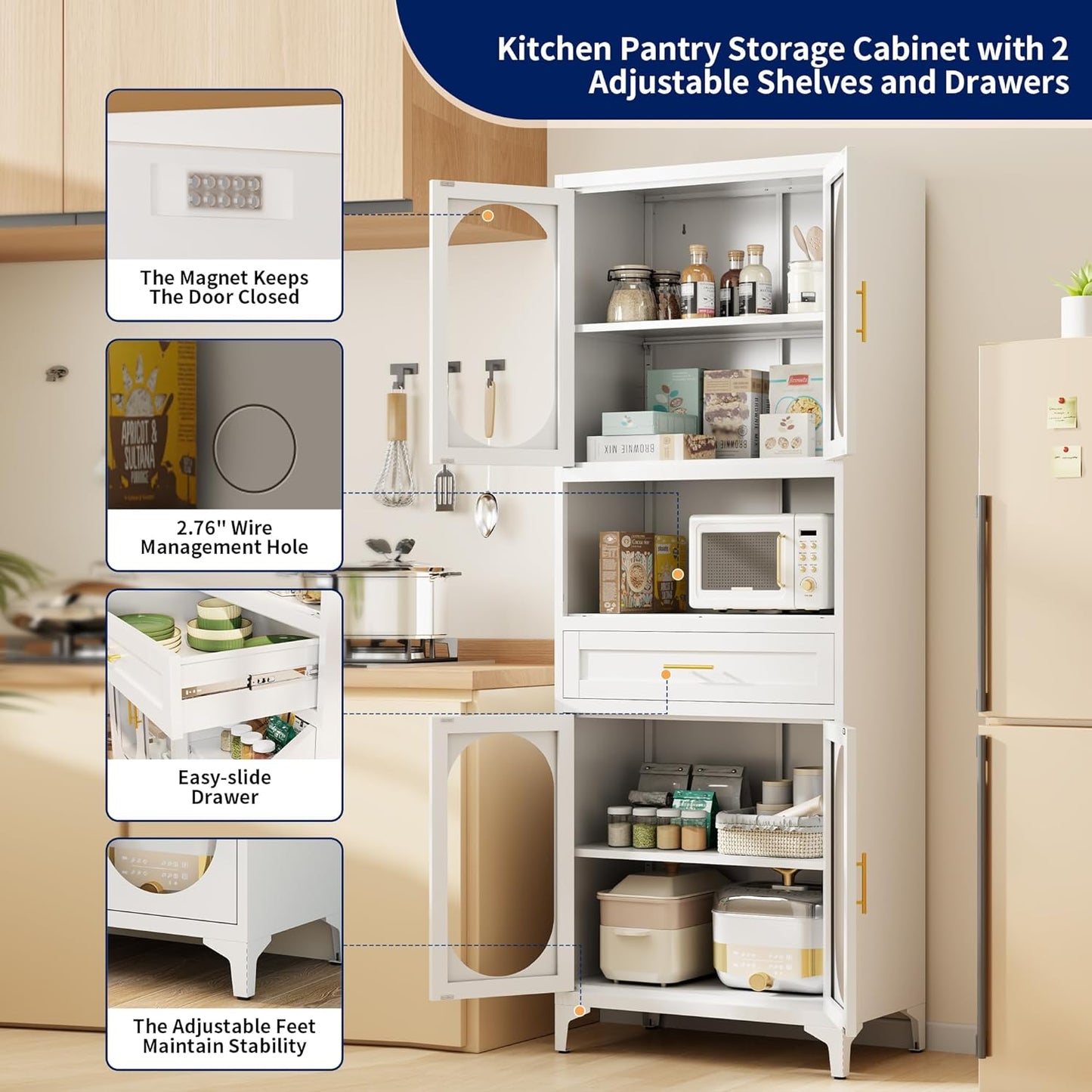 75” Tall Kitchen Pantry Storage Cabinet, Metal Storage Cabinet with 1 Drawer and Adjustable Shelves, Kitchen Pantry Cupboard, Freestanding Cupboard for Bathroom, Living Room (White-Glass Door)