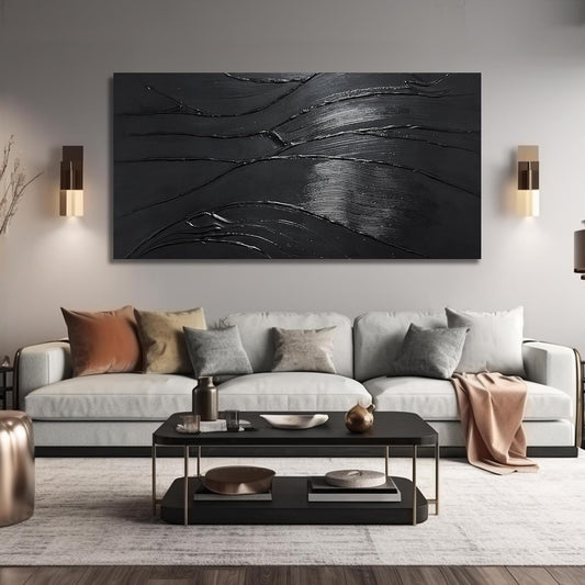 Modern Oil Painting Wall Art For Living Room Black Abstract Canvas Wall Art For Office Huge Artwork For Hotel Size 36 x 72 Inch
