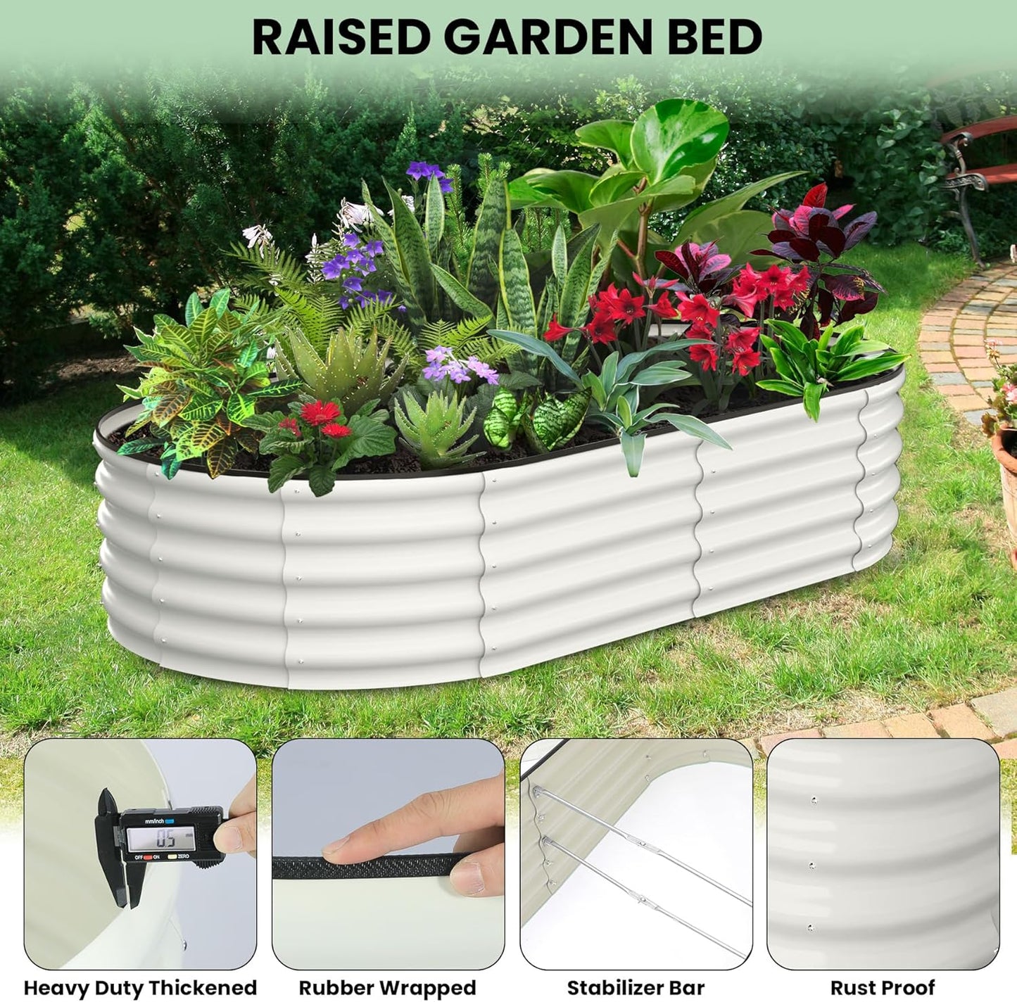 2 Pcs 6x3x2ft Oval Raised Garden Bed, Galvanized Raised Beds,Open-Ended Base Metal Raised Planter Beds,Garden Bed Outdoor,Planter Raised Boxes for Vegetables, Flowers,Tool-Free Asse,White