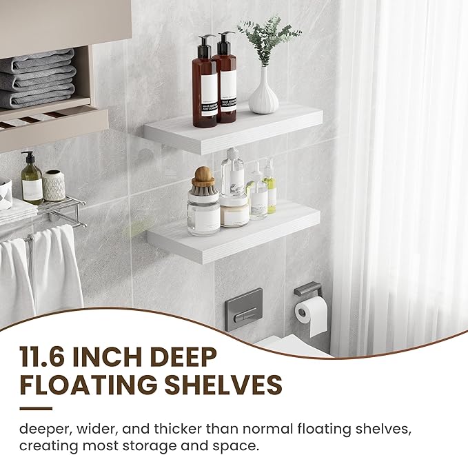24 Inch Floating Shelves, 11.6 Inch Deep Floating Shelves for Wall, Floating Shelf with Invisible Brackets, Deep Shelves for Bathroom, Bedroom, Living Room, 2 Pack, White