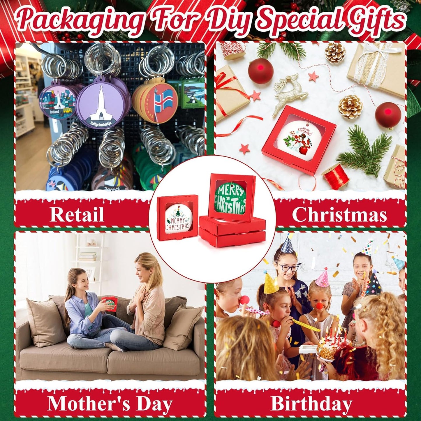 50 Pcs Sublimation Ornament Blanks Box 3.6"x3.6"x0.7" Christmas Ornaments Holder Ceramic Discs Packaging Box with Window for Personalized Xmas Tree Blanks Bulk (Red)