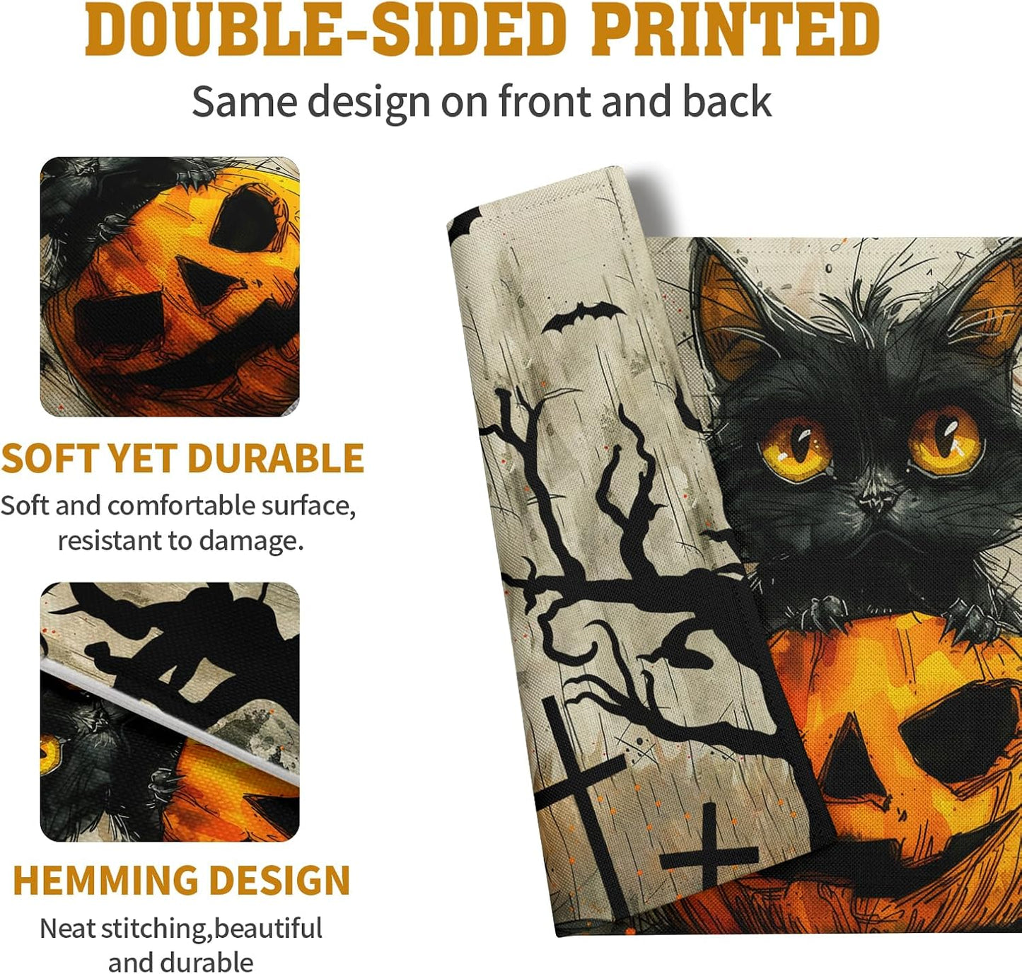 Halloween Black Cat Pumpkin 12x18 Placemats Set of 4 Happy Halloween Bat Branch Linen Table Place Mat Seasonal Fall Washable Heat Resistant Non Slip Table Placemats for Party Kitchen Dining Decor