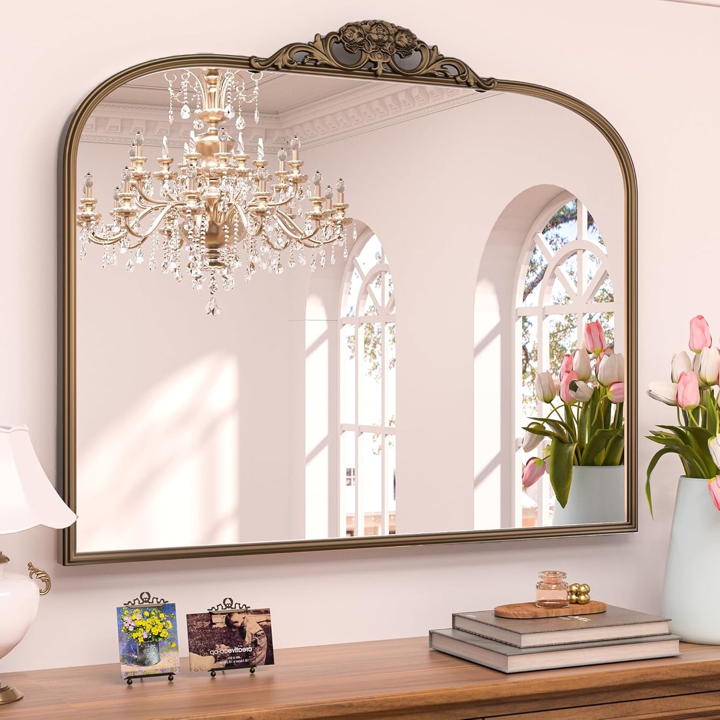 Keonjinn Vintage Gold Mirror, 40" x 30" Large Arched Mirrors with Metal Frame for Wall, Brass Baroque Mirror, Ornate Decorative Mirror for Mantle, Bathroom, French Cleat Mounting