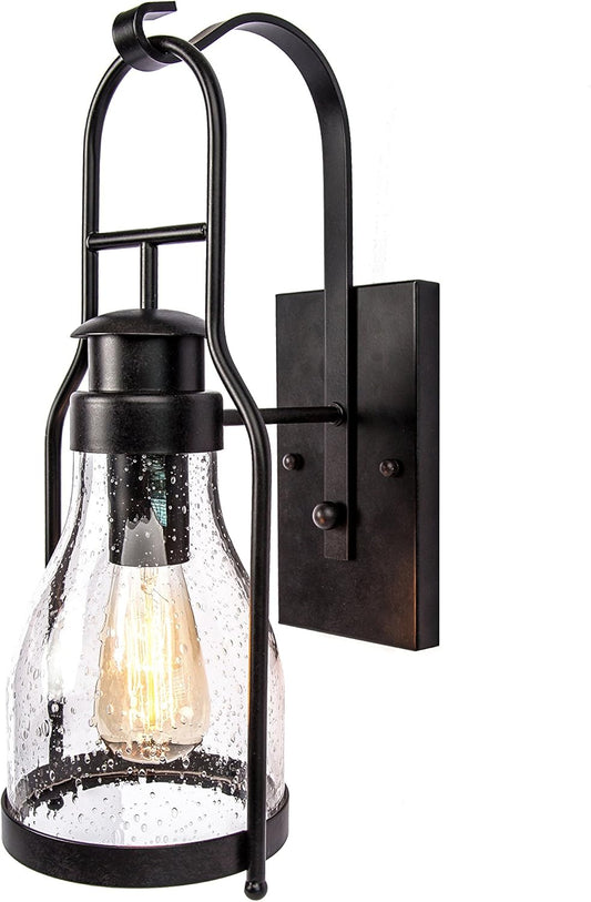 Muskoka Lifestyle Products Rustic Wall Light Lantern with Retro Industrial loft Lantern Look in Rubbed Bronze Powder Coat Finish with Wine Bottle Pioneer jug Glass
