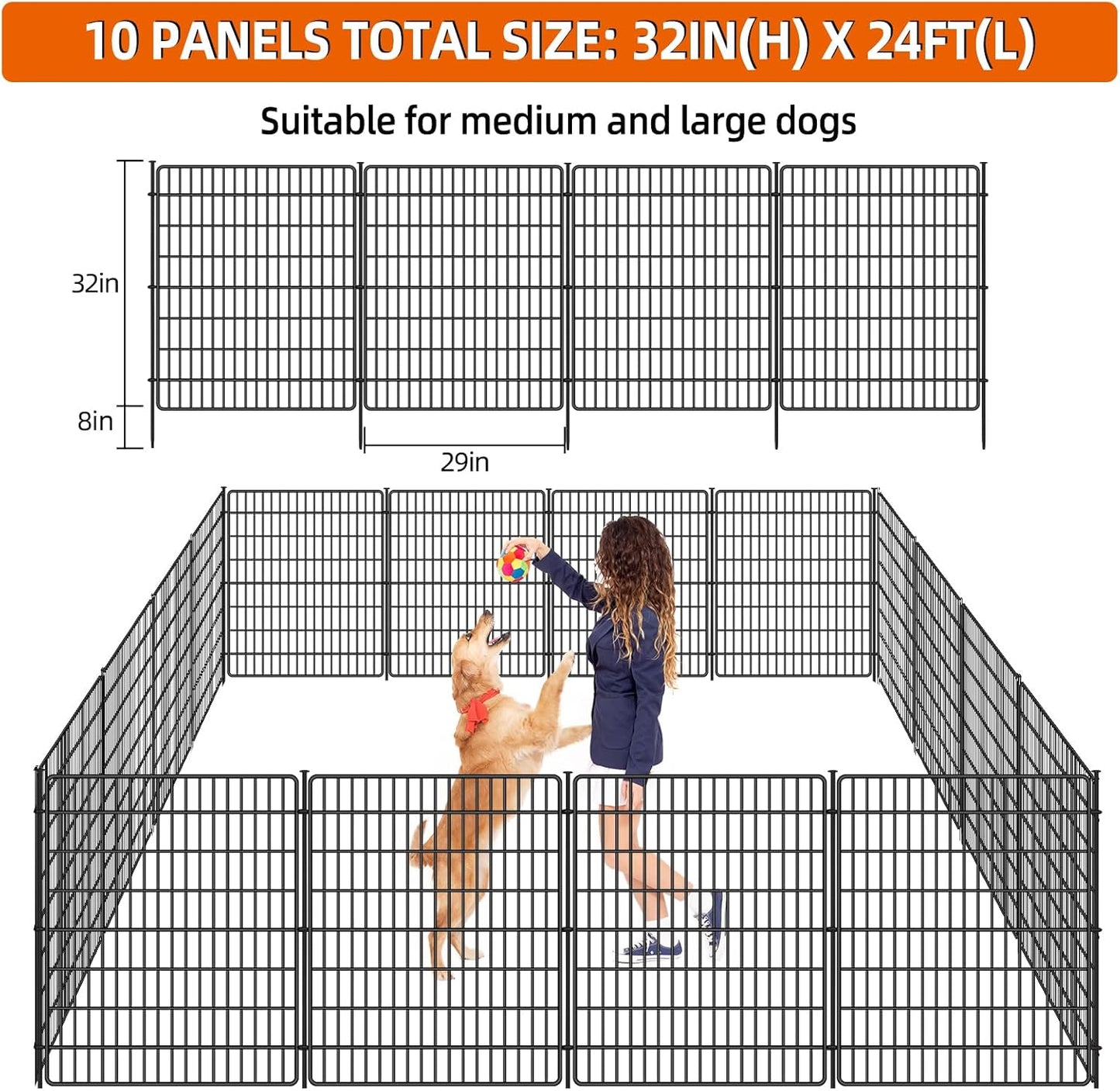 10 Panels No Dig Fence with Gate, 32 in(H) X 24 ft(L) Garden Decorative Fence Animal Barrier for Dogs, Rustproof Metal Garden Edging Border for Outdoor, Yard, Patio, Black