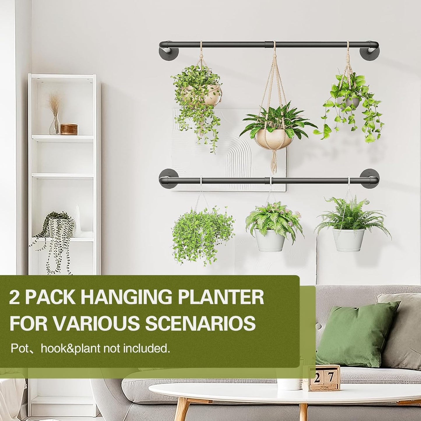 2Pc Hanging Planters for Indoor Plants Plant Hanger Indoor Hanging Plant Holder Black Metal Rod(Pot/Chain/Plant not Included