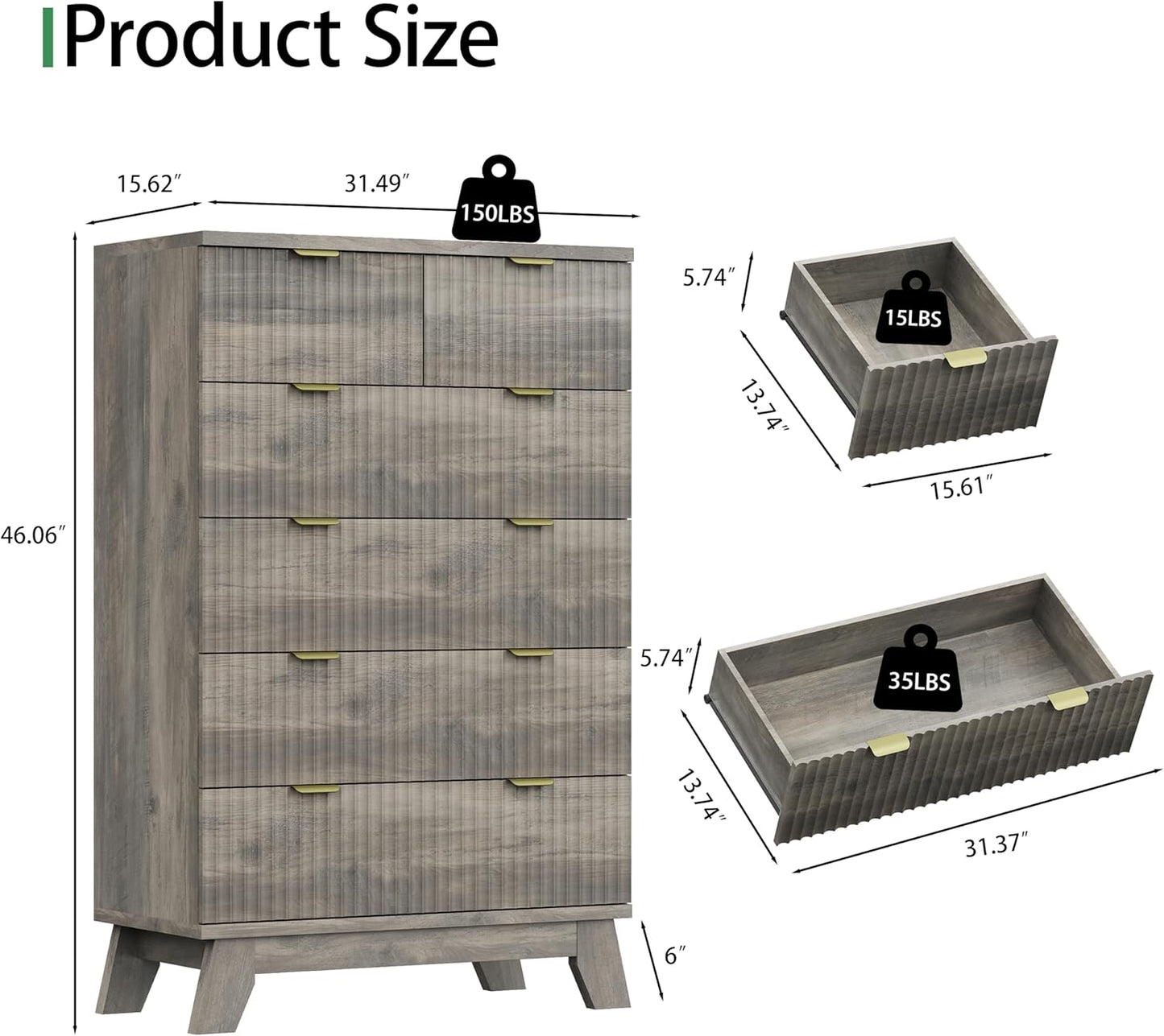 Fluted Dresser for Bedroom with 6 Drawers, 46" Tall Modern Chest of Drawers with Metal Handle, Wooden Dresser TV Stand, Wood Closet Clothes Storage Organizer for Living Room, Hallway, Grey