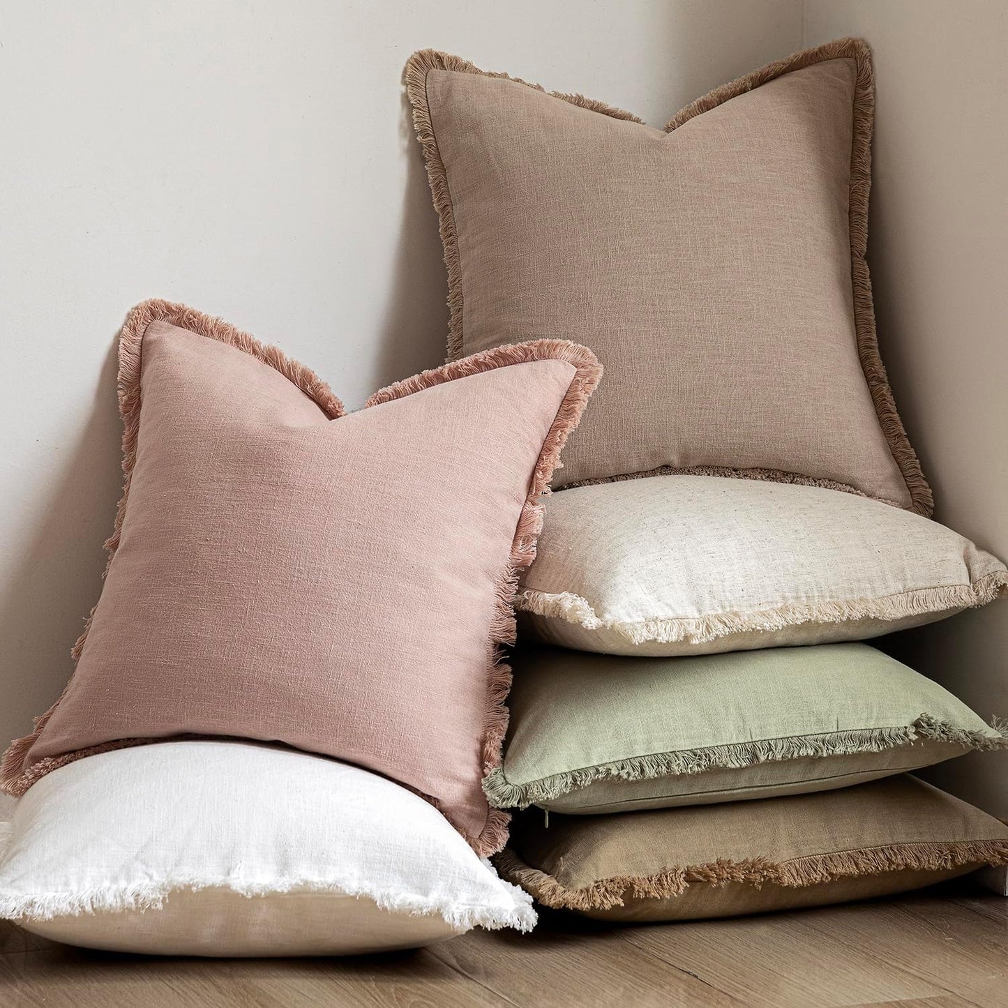 Foindtower Set of 2 Decorative Linen Fringe Throw Pillow Covers Cozy Boho Farmhouse Cushion Cover with Tassels Accent Pillowcase for Couch Sofa Bed Living Room Home Decor,26×26 Inch,Light Sage Green