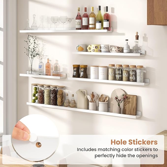 Fun Memories Picture Ledge Shelves Set of 2, 36 Inch Rustic Wall Mounted Floating Shelves with Lip for Home Storage and Décor in Bathroom, Kitchen, Nursery, Bedroom, Living Room, White