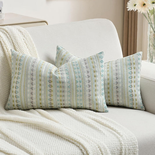 FUTEI Green Blue Decorative Throw Pillow Covers 12x20 Inch Set of 2,Soft Cozy Chenille Jacquard Textured Pillow Case,Boho Home Decor for Couch Bed Living Room