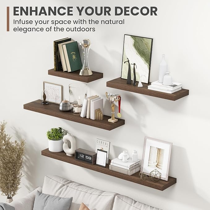 40 Inch Floating Shelves, 8 Inch Deep Floating Shelves for Wall, Hanging Shelf with Invisible Brackets, Deep Shelves for Bathroom, Bedroom, Living Room, Walnut, Set of 2