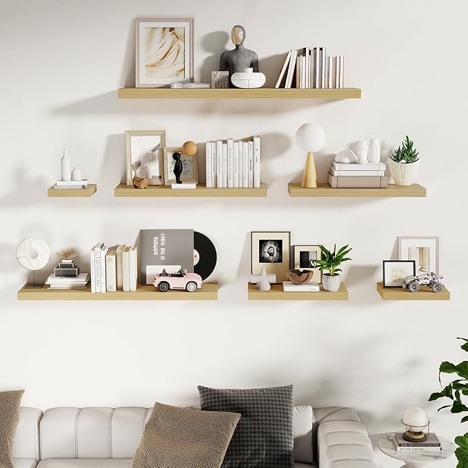 Fun Memories Floating Shelves for Wall 36 Inches, Wood Shelves with Invisible Bracket, 10" Deep Shelves Wall Mounted, Large Wood Floating Shelves for Living Room Bathroom, Oak, Set of 2