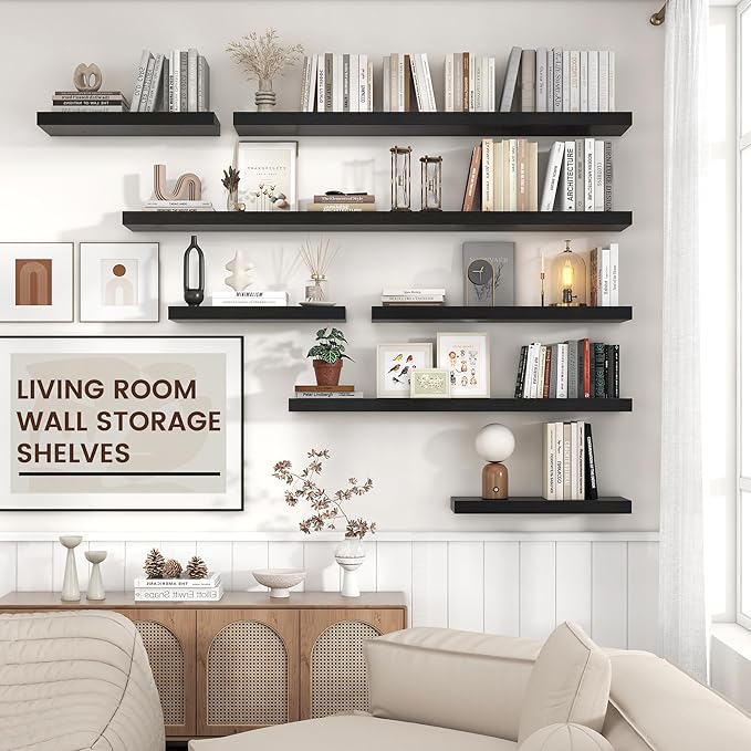 Floating Shelves for Wall, Large Wall Mounted Shelves with Invisible Brackets, Long Wood Floating Shelf Shelves for Living Room, Bedroom, Kitchen, (Black, 55" W x 9" D x 1.5" H)