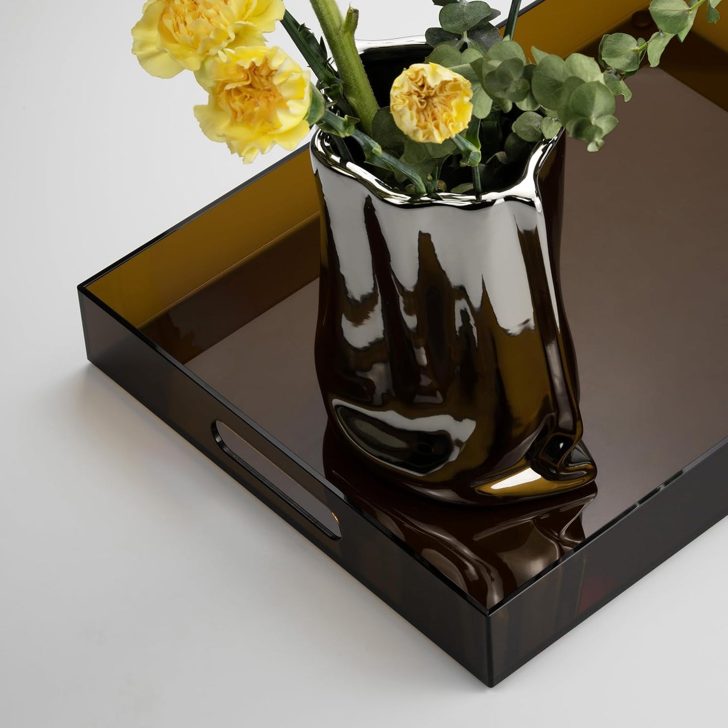 Large Acrylic Serving Tray Decorative Ottoman Coffee Table Vanity Tray Tea Fruit Platter Snack Appetizer Dessert Drink with Handles for Bar Kitchen Party, Amber