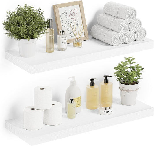 Floating Shelves for Wall 24 inchs Long, 9.1” deep x 1.5” Wall Shelf for Bedroom, Bathroom, Living Room, Kitchen, Office Home Decor, Deep Wood Shelves with Invisible Brackets, Set of 2 White