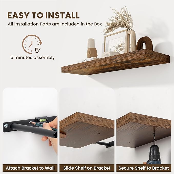 Fun Memories Floating Shelves for Wall - 10" x 10" Wood Shelf with Invisible Bracket - Deep Floating Shelves - 10 Inch Shelf Wall-Mounted for Living Room & Bathroom - Rustic Brown - Set of 2