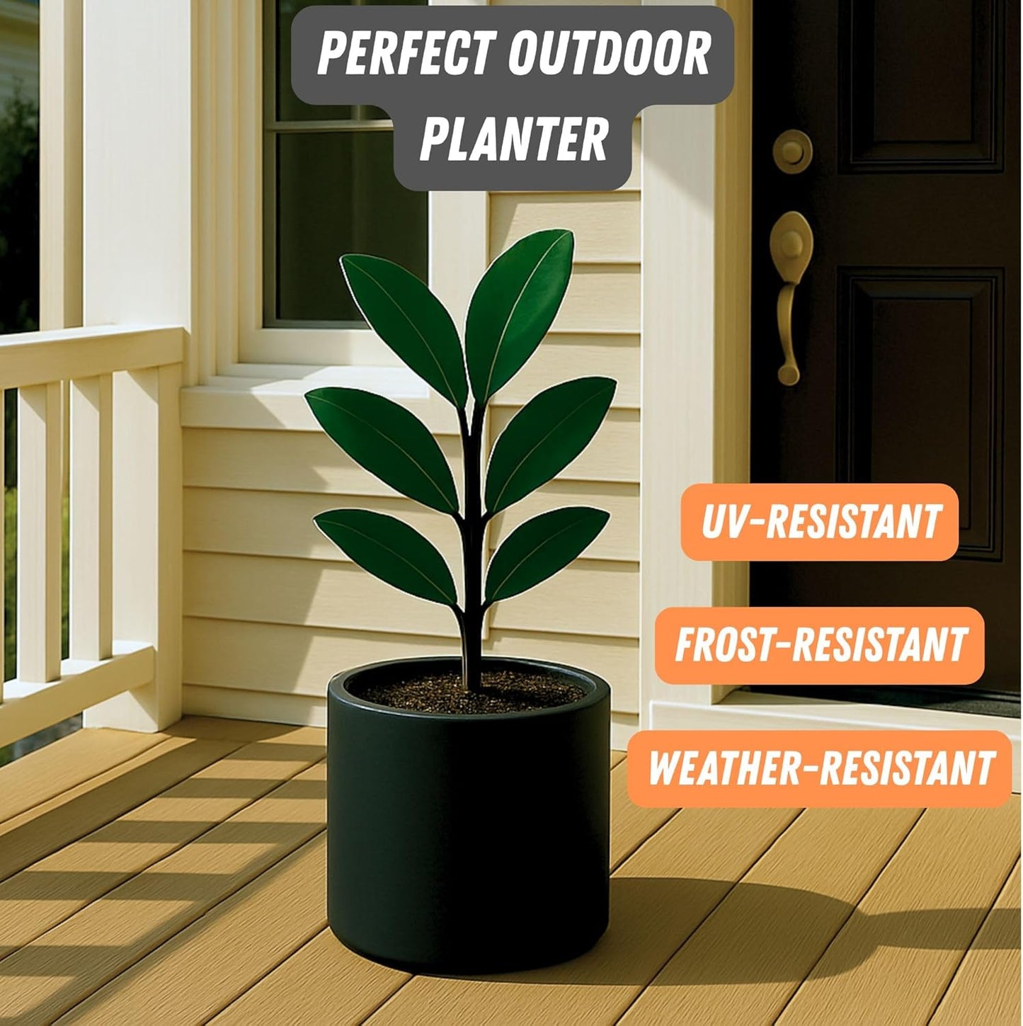 Fox & Fern 8 Inch Black Plant Pot with Drainage Plug — Premium Lightweight Fiberstone Matte Black Planter; 8 Inch Pots for Plants; for Indoor & Outdoor Use; Weather Resistant & UV Resistant