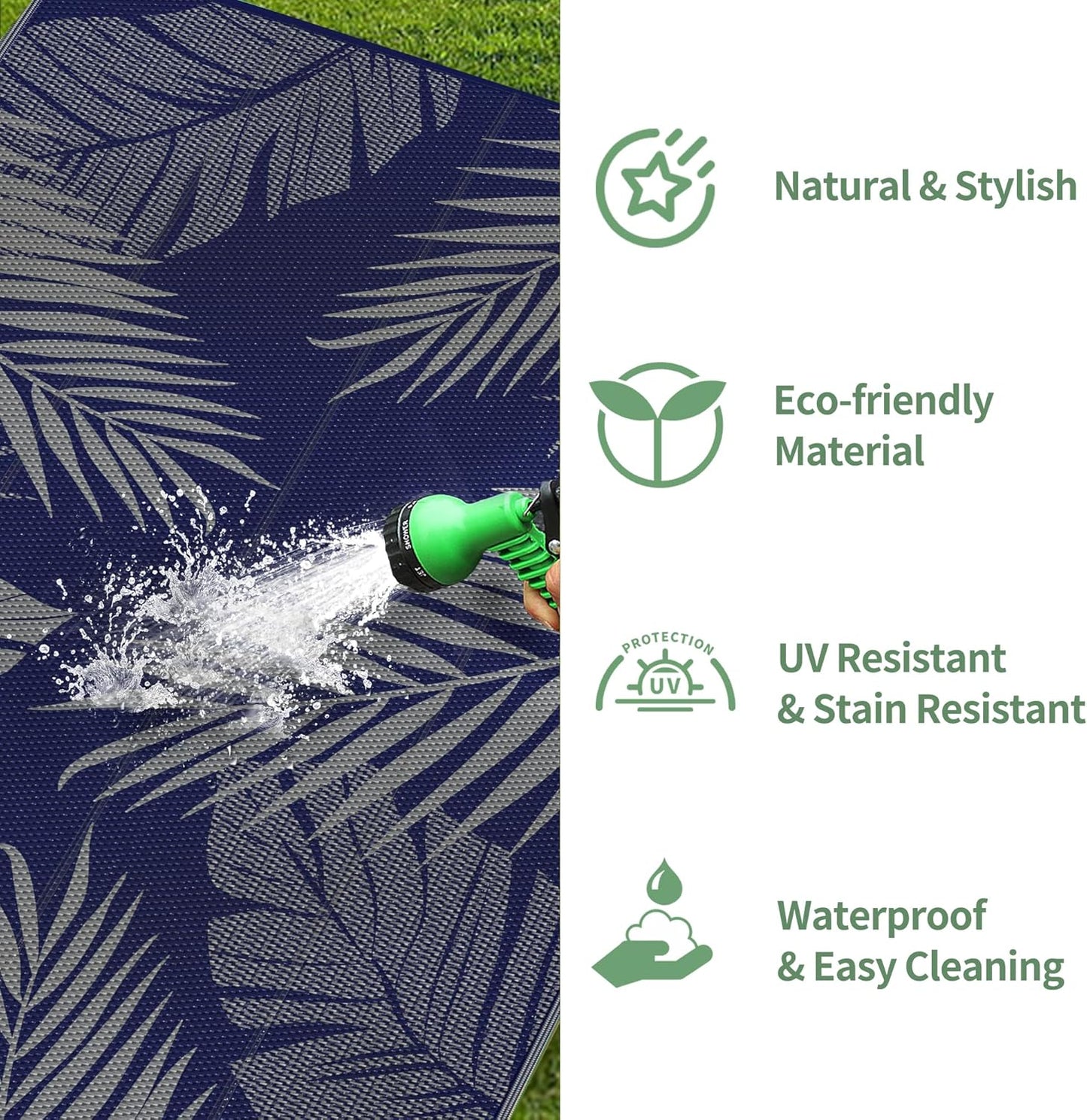 GENIMO Outdoor Rug 3' x 5' Waterproof for Patios Clearance, Reversible Outdoor Plastic Straw Camping Rug Carpet, Large Area Rugs Mats for RV, Camper, Deck, Balcony, Porch, Beach, Picnic Navy Blue&Grey