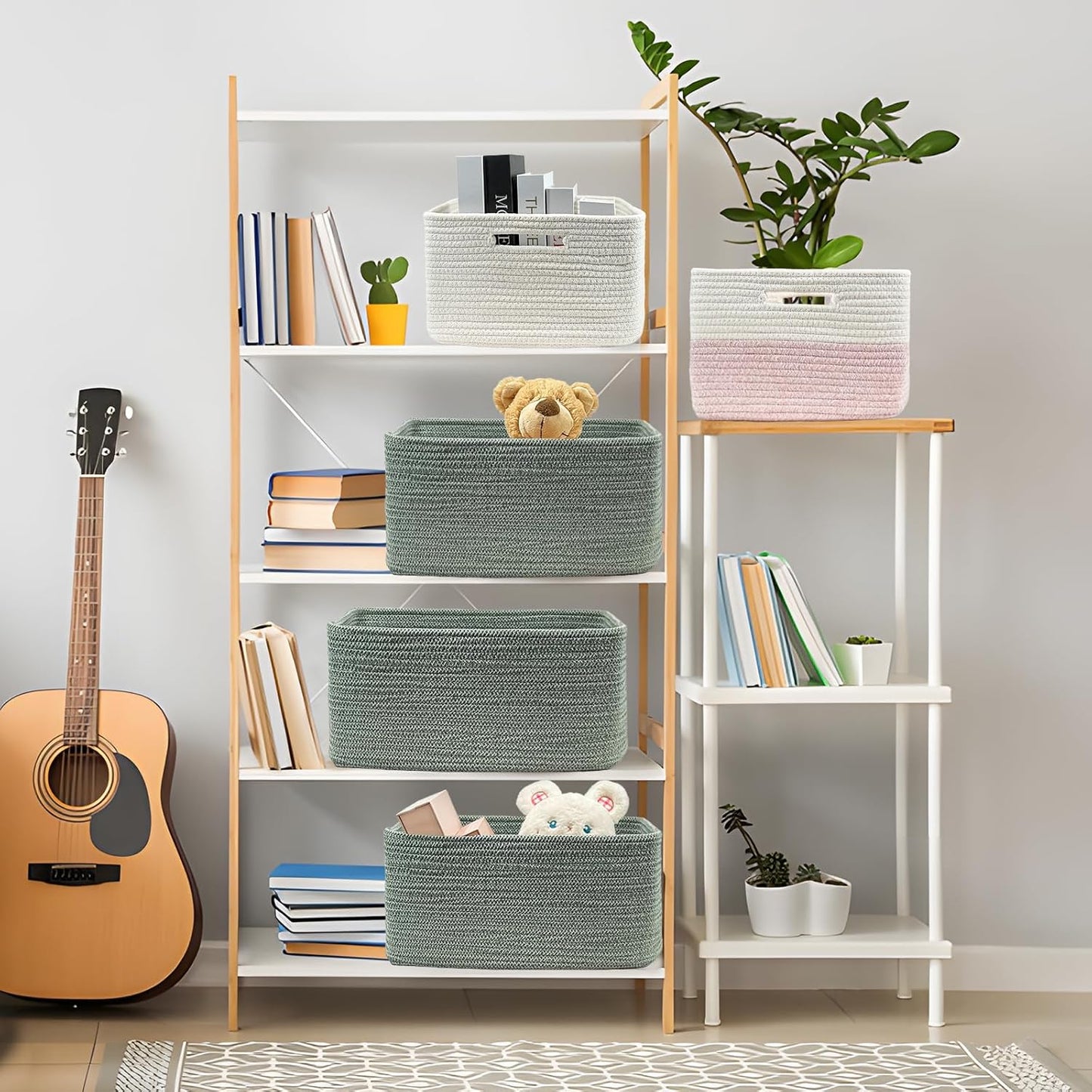 COMFY-HOMI Cotton Rope Woven Basket with Handles for Shelves,Toys,Book, Cloth Storage Baskets for Organizing-17" x 13" x 7.5" Toy Decorative Organizer for Living Room, Bathroom （Green）