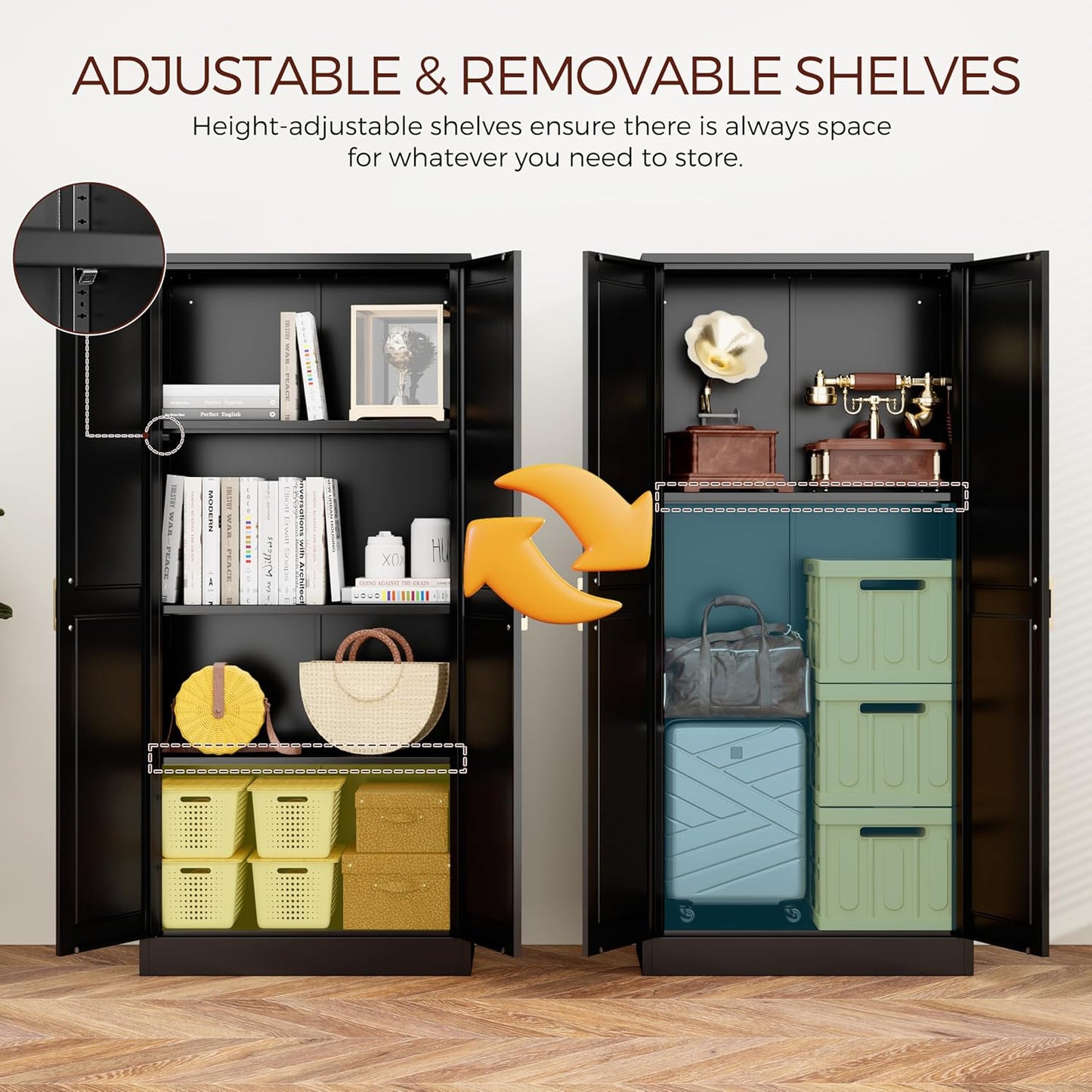 60" Tall Metal Pantry Cabinet, Black Kitchen Pantry Storage Cabinet with Doors and 3 Adjustable Shelves, Cupboard for Kitchen, Dining Room, Living Room, Bathroom