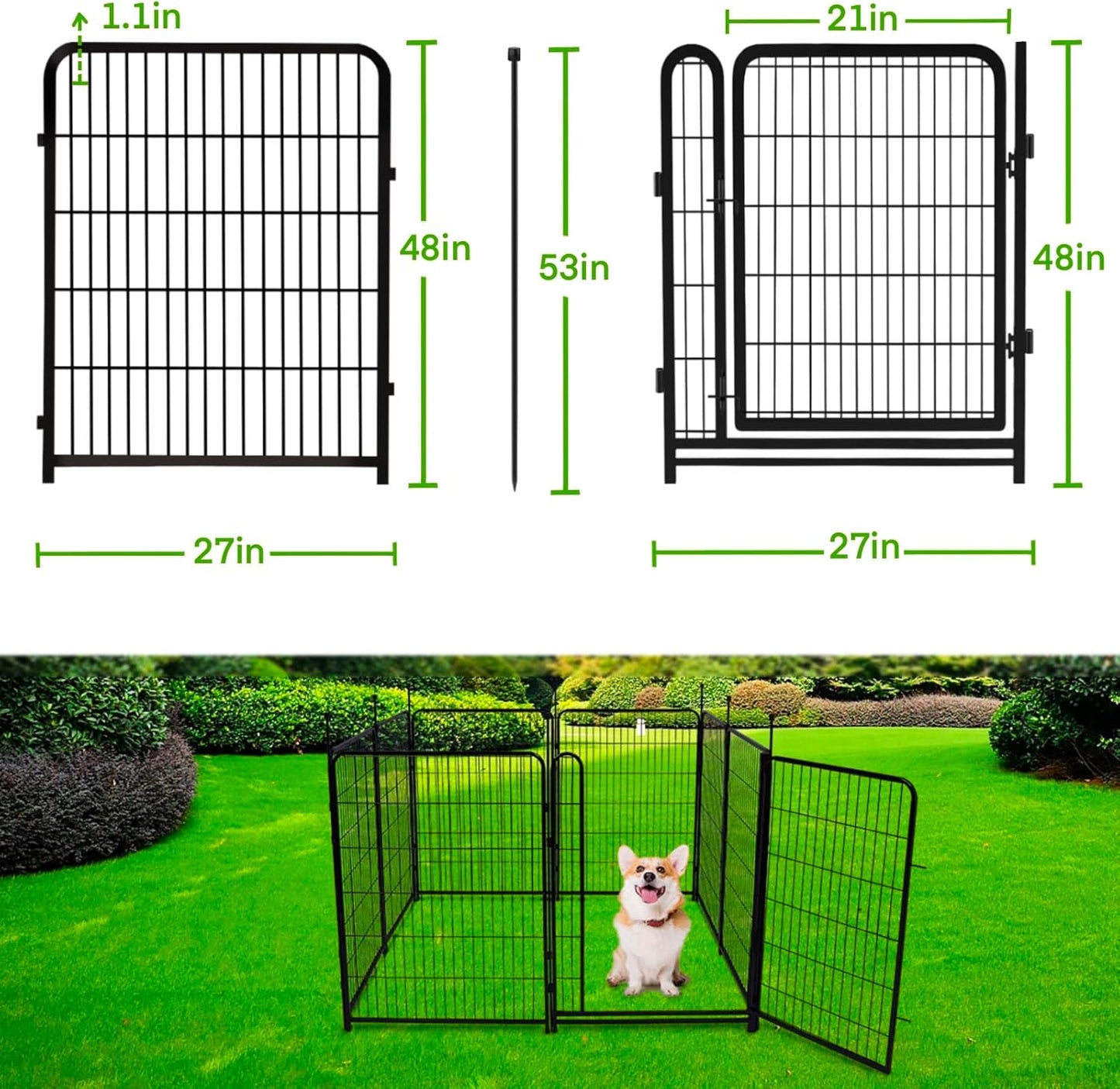 Garden Fencing 48in High, 12 Panels Total 26.6Ft(L) Dog Fence Outdoor for Yard, Gate 21 in Wide with Low Sills. Black Metal Fencing for Yard 4ft Tall, Garden Fences, Animal Barrier Fence