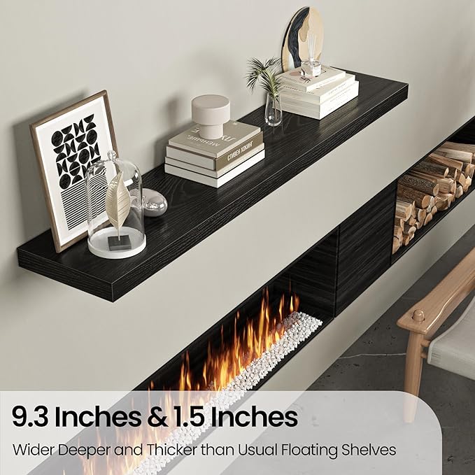 Floating Shelves for Wall, 55"W x 9.3"D x 1.5"H, Long Wooden Wall Mounted Display Shelves with Invisible Brackets for Living Room, Bedroom, Bathroom, Kitchen Decor and Storage, Set of 1, Black