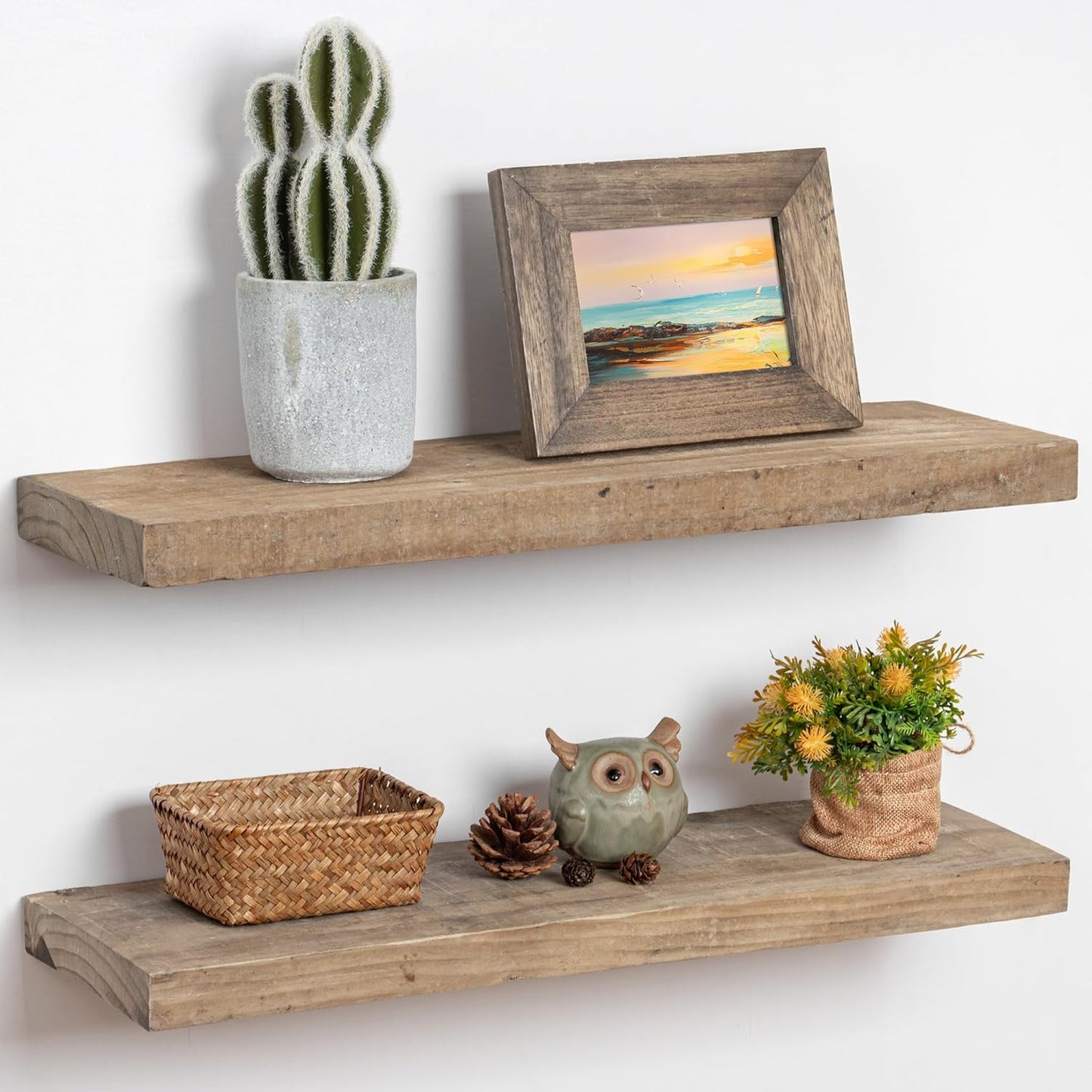 Floating Shelves, 8 Inch Deep Rustic Solid Reclaimed Wood Wall Shelves for Storage, Wall Mounted Display Shelving with Invisible Heavy-Duty Metal Bracket, 24 Inch Width Set of 2, Natural