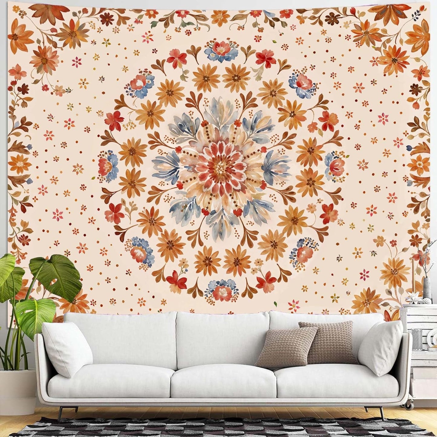 Fowocu Boho Floral Mandala Tapestry Wall Hanging Watercolor Bohemian Flower Medallion Tapestry Aesthetic Beige Orange Hippie Indian Large Tapestries for Bedroom Living Room Dorm Decor 80 x 60 Inch