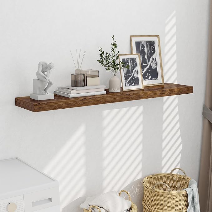 Fun Memories 55 Inch Fireplace Mentel Shelf, 10 Inch Deep Shelves for Display&Wall Storage, Rustic Wood Wall Shelf -Extra Long Floating Shelves for Living Room Laundry Room, Rustic Brown, Set of 1