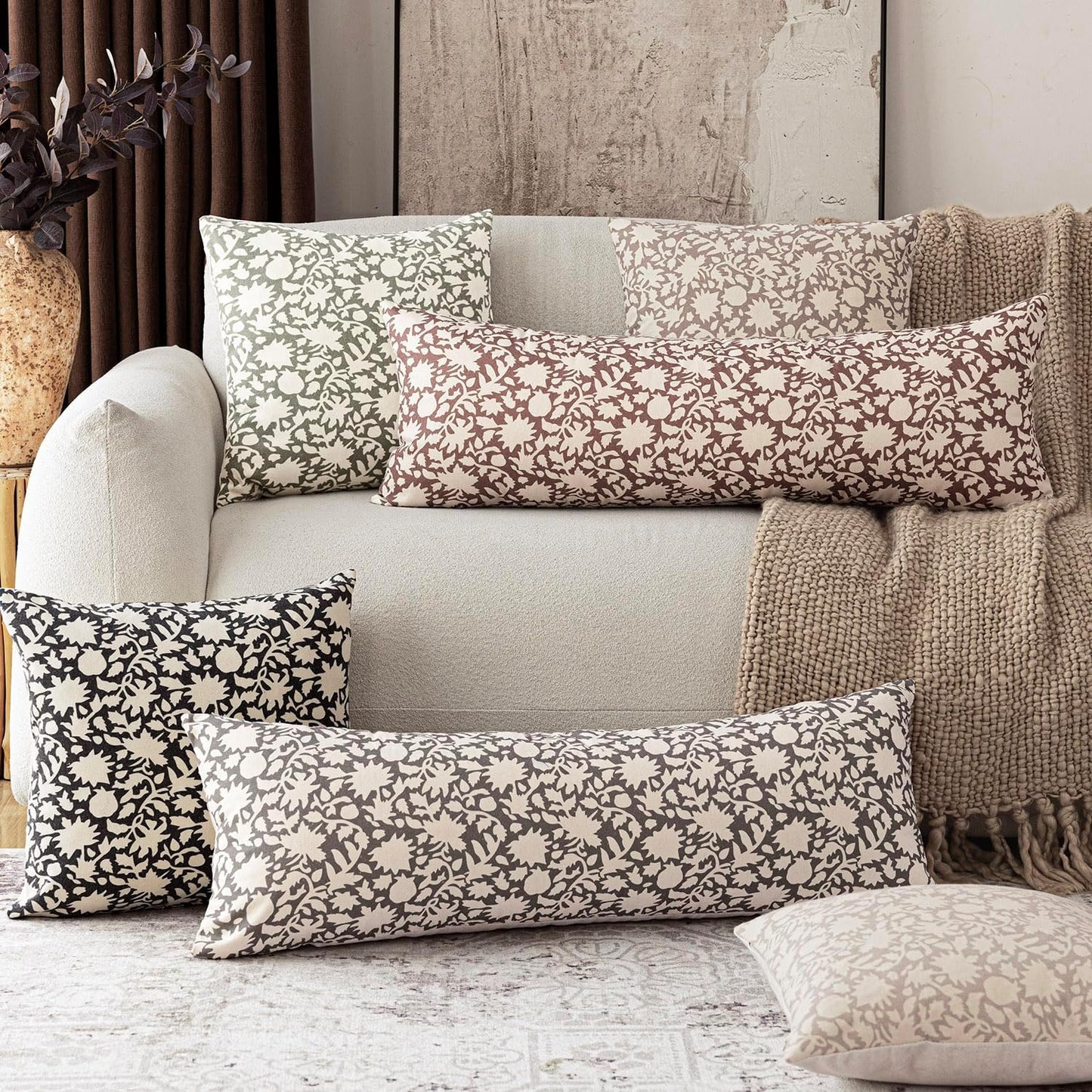 Foindtower Set of 2 Decorative Long Body Lumbar Throw Pillow Covers Accent Farmhouse Cushion Covers Boho Floral Pillowcase for Couch Sofa Bedroom Living Room Home Decor Outdoor,14×36 Inch,Rustic Gray