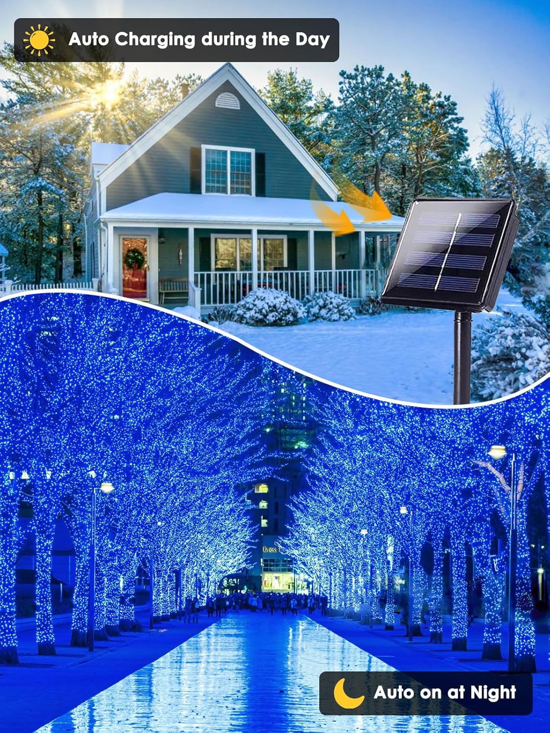 2 Pack 200 LED Solar String Lights Outdoor, Solar Christmas Lights with 8 Lighting Modes, Waterproof Green Wire Solar Tree Lights for Outside Xmas Wedding Party Garden Patio Yard Decorations (Blue)