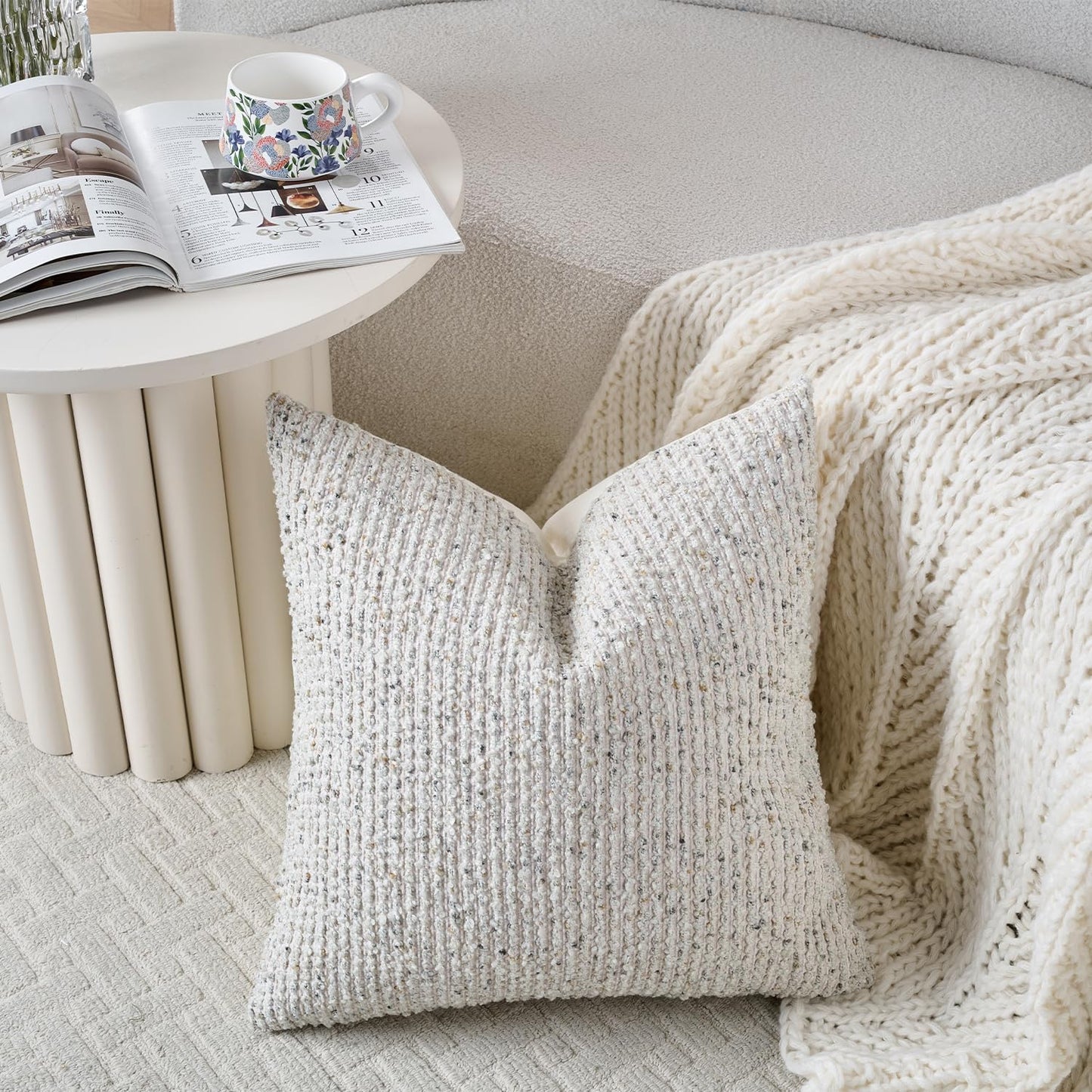 Striped Euro Sham Pillow Covers 26x26 Set of 2 Cream Grey Textured Boucle Chic Morden Boho Accent Farmhouse Square Decorative Couch Throw Pillow Covers for Home Decor Bed Sofa Living Room