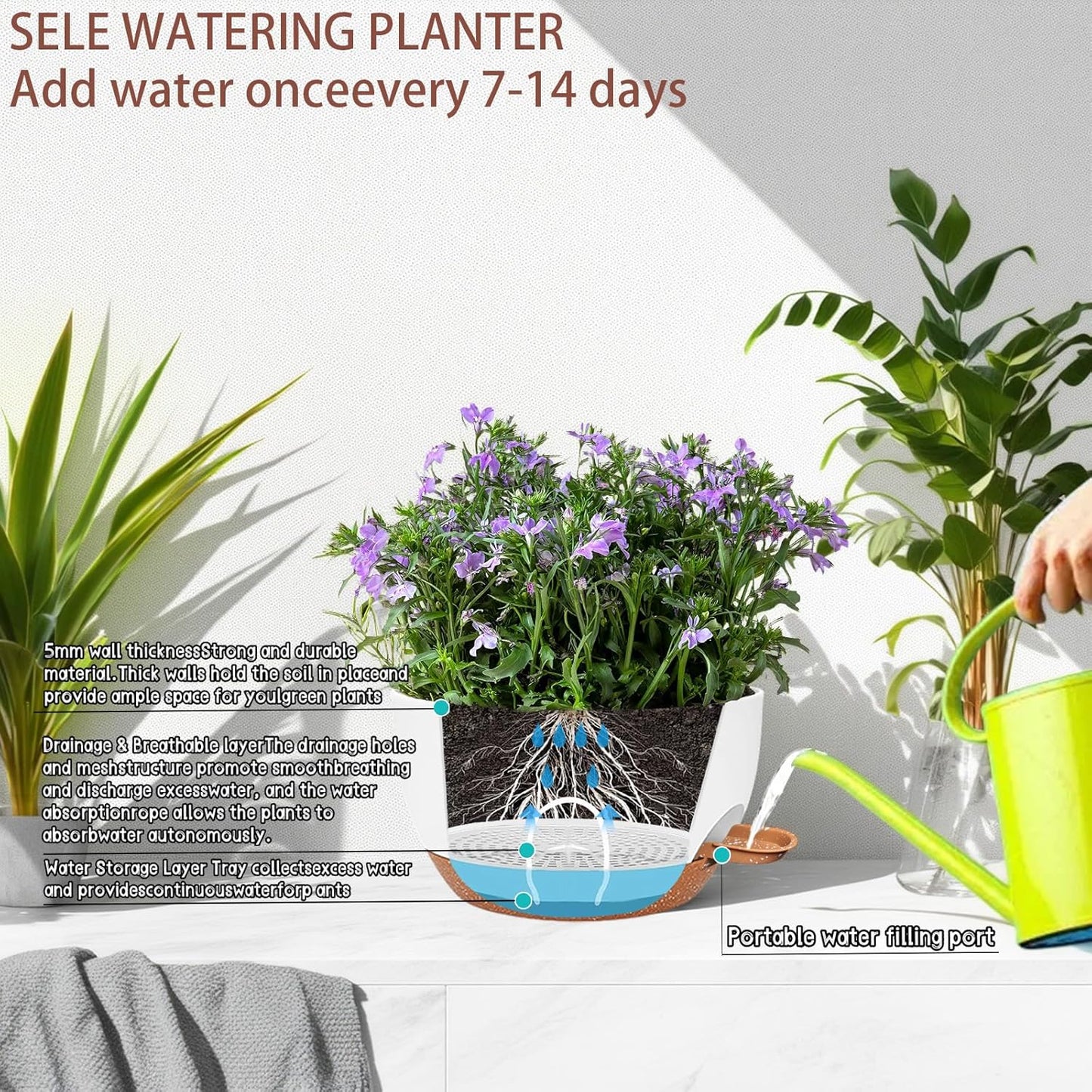 2 Pack 12 Inch Large Hanging Planters with Chains Self Watering White Brown Plastic Hanging Pots for Indoor Outdoor Plants, Garden Porch Home Decor，White Brown