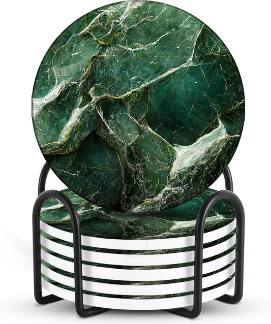 Emerson Coasters for Drinks Absorbent – Dining Table Set of 6 with Holder, 100% Ceramic Wooden Tabletop Protection Marble Style - Non Slip & Cork Bottom - Heavy Duty (Green Marble)