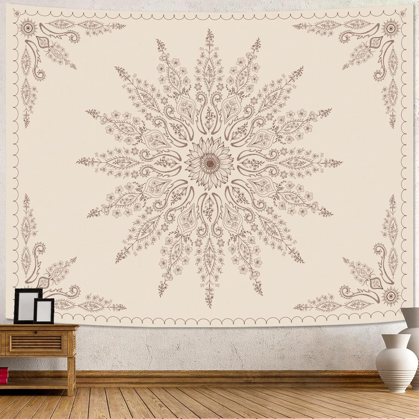 Fowocu Boho Floral Mandala Tapestry for Bedroom Aesthetic Bohemian Flower Wall Tapestry Beige Hippie Indian Small Tapestries Wall Hanging for Living Room Dorm Decor 40 x 30 Inch