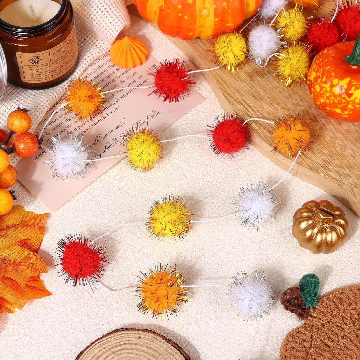 4 Pack Fall Glitter Felt Ball Garlands, Glittery Pom Pom Garland Orange, Yellow, White, Red Large Felt Ball Decorations for Autumn Thanksgiving Halloween Party Decor