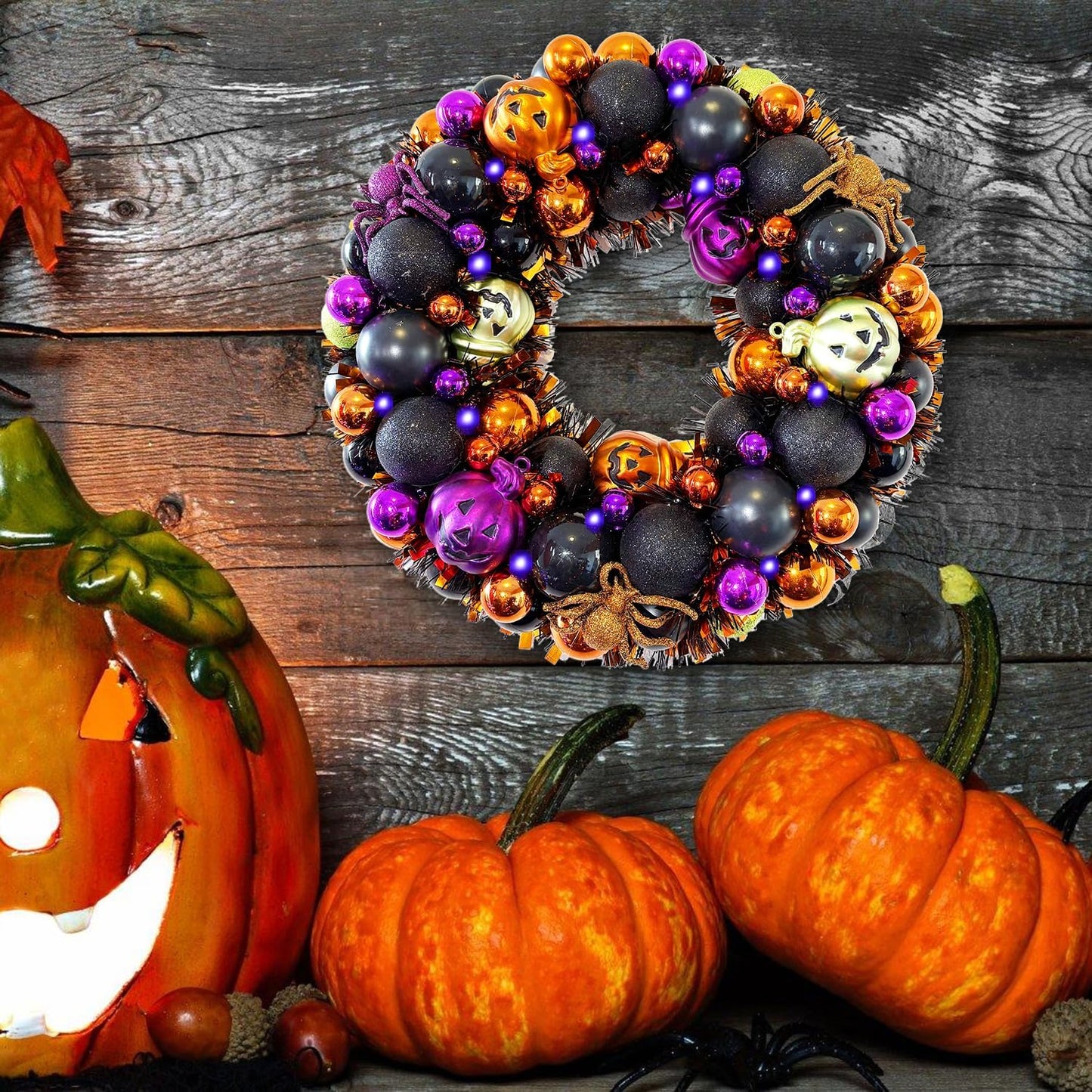 13.8 Inch Halloween Ball Wreath for Front Door with Lights, Lighted Cute Treat-or-Trick Door Wreath Ball Ornament for Halloween Indoor Decorations Centerpiece Party Holiday Wall Home Decor