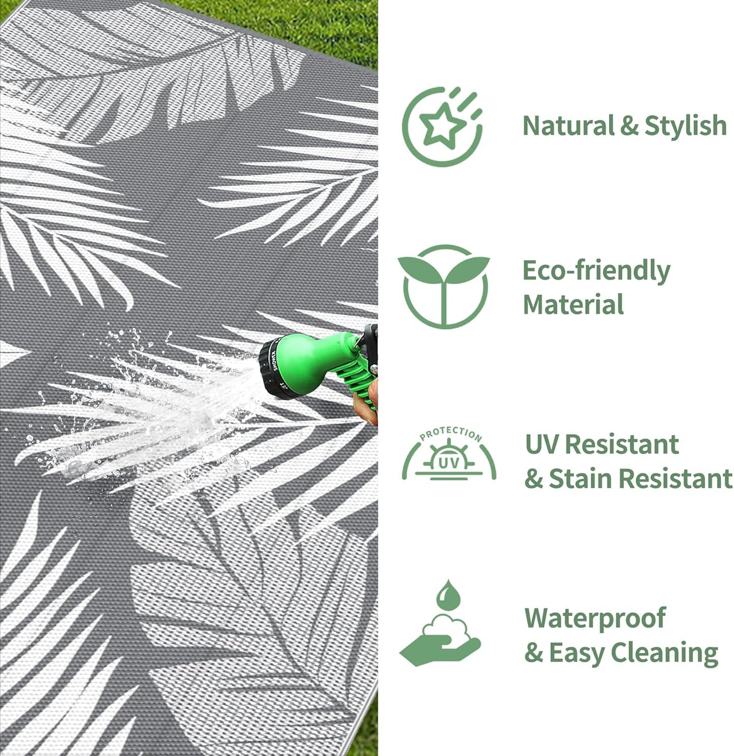 GENIMO Outdoor Rug 10' x 20' Waterproof for Patios Clearance, Reversible Outdoor Plastic Straw Camping Rug Carpet, Large Area Rugs Mats for RV, Camper, Deck, Balcony, Porch, Beach, Picnic, Grey&White