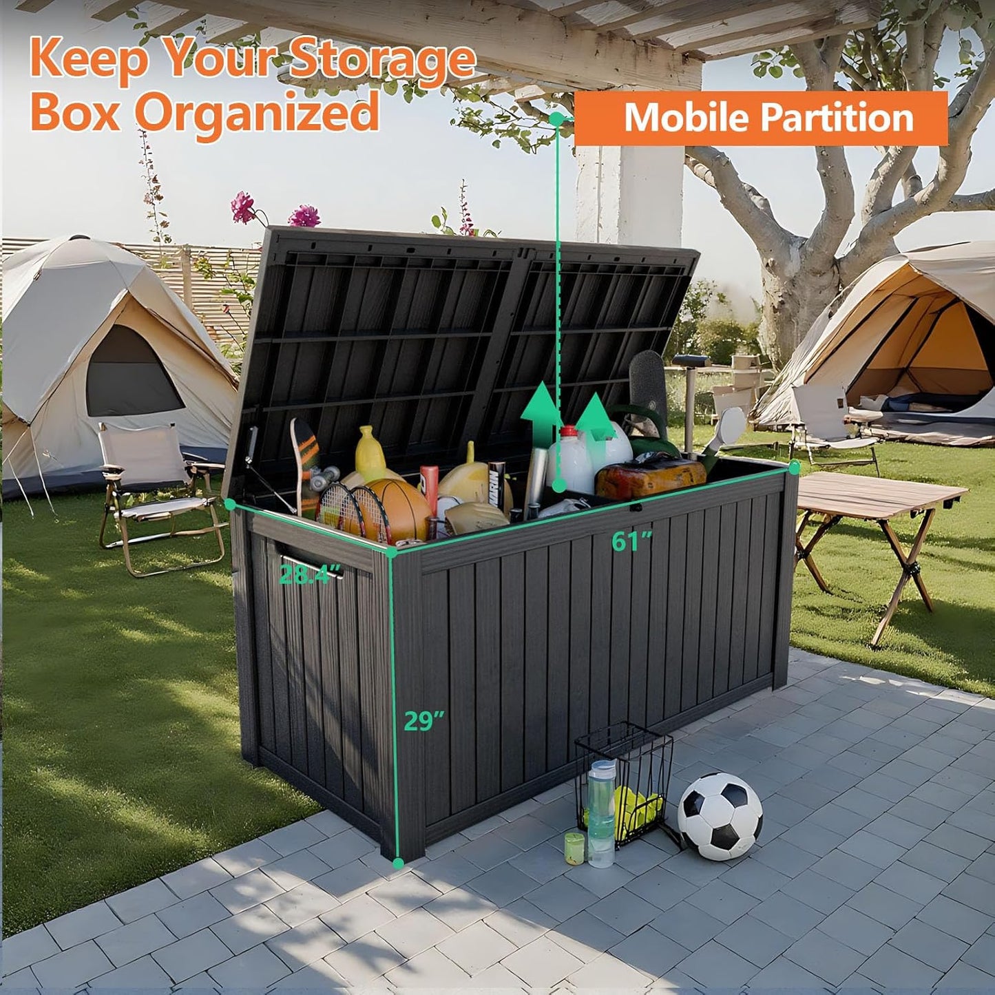 180 Gallon Outdoor Storage Box - Waterproof Resin Deck Box for Patio Cushions & Garden Tools - Lockable & Durable Outdoor Storage Bin - Sleek Black Design