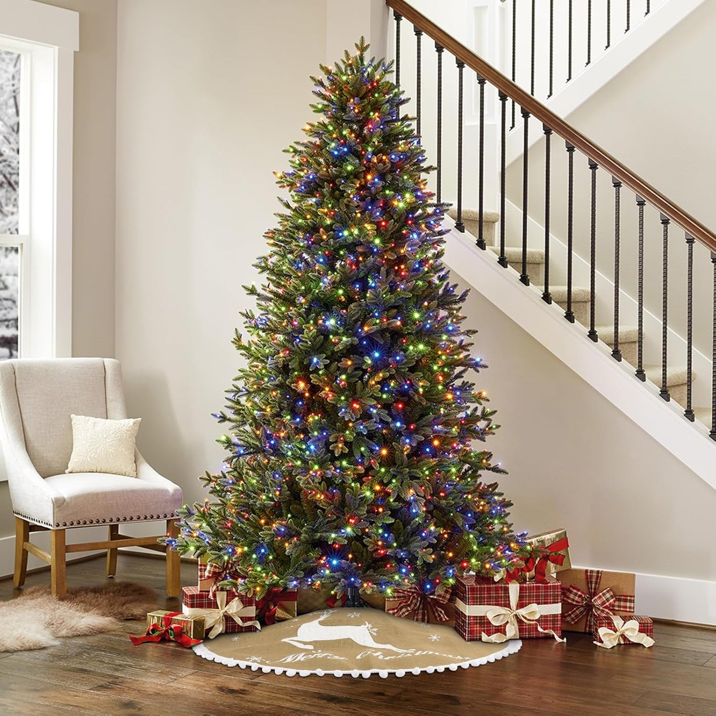 48 Inch Christmas Tree Skirt, Burlap Linen Color Christmas Rustic Tree Skirt with Elk Deer and White Snowflake Printed for Holiday Party Xmas Tree Decoration