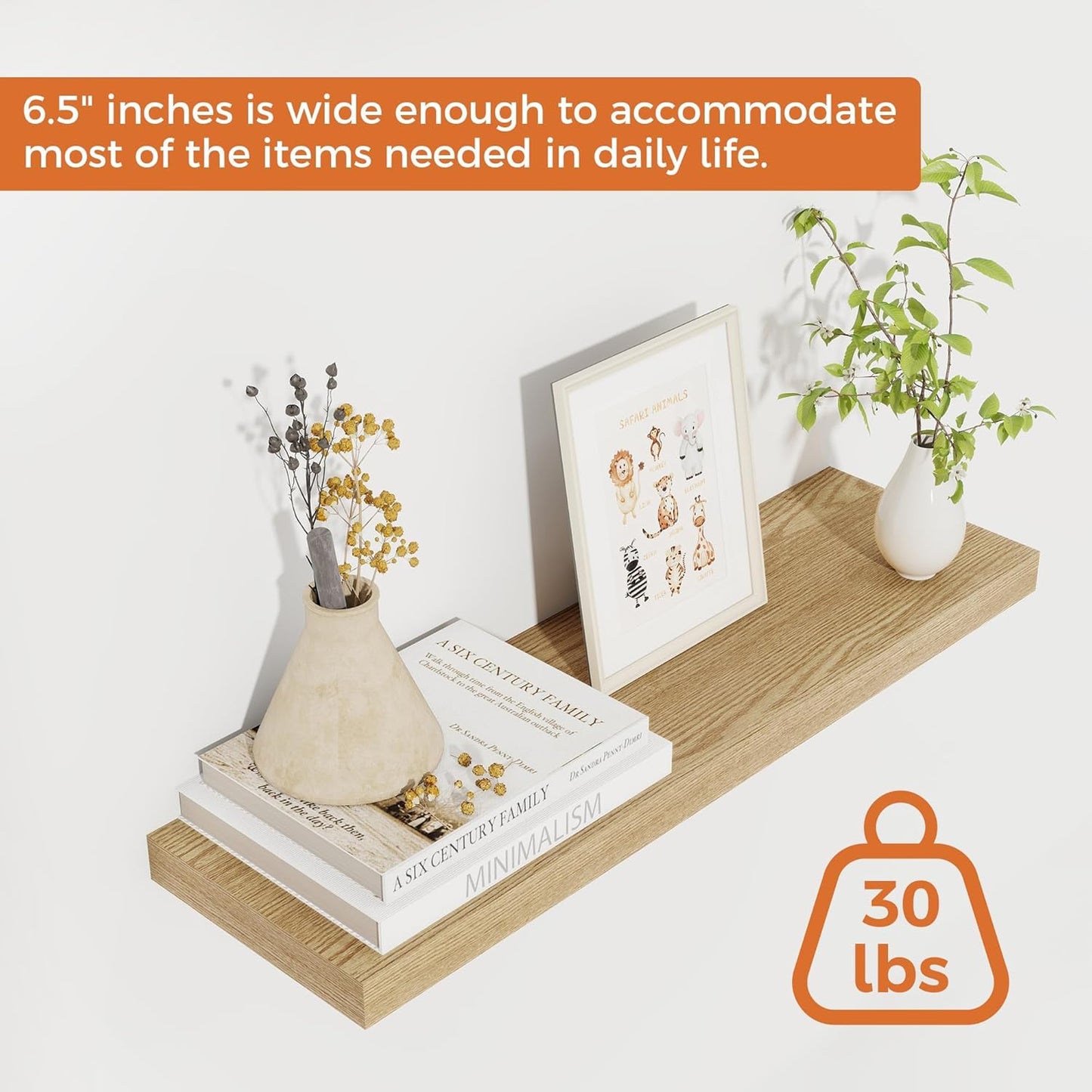 Fun Memories Floating Shelves for Wall, 22.5" Rustic Wood Deep Wall Mounted Shelves with Invisible Brackets for Decor & Storage, Floating Shelf for Living Room, Bathroom (Oak, Set of 2)