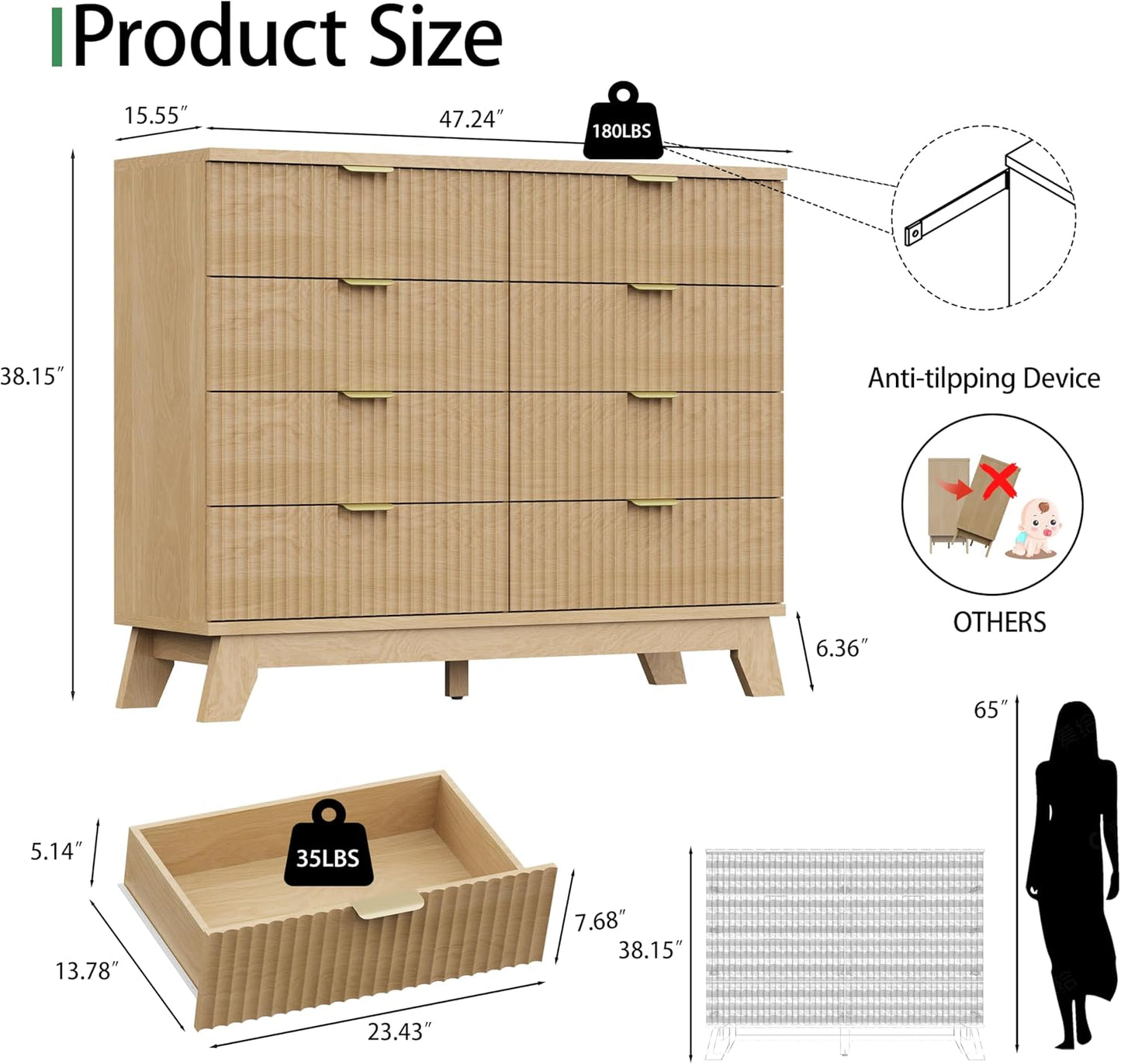 Fluted Dresser for Bedroom with 8 Drawers, 48" Wide Modern Chest of Drawers with Metal Handle, Wooden Dresser TV Stand, Wood Closet Clothes Storage Organizer for Living Room, Hallway, Natural Oak