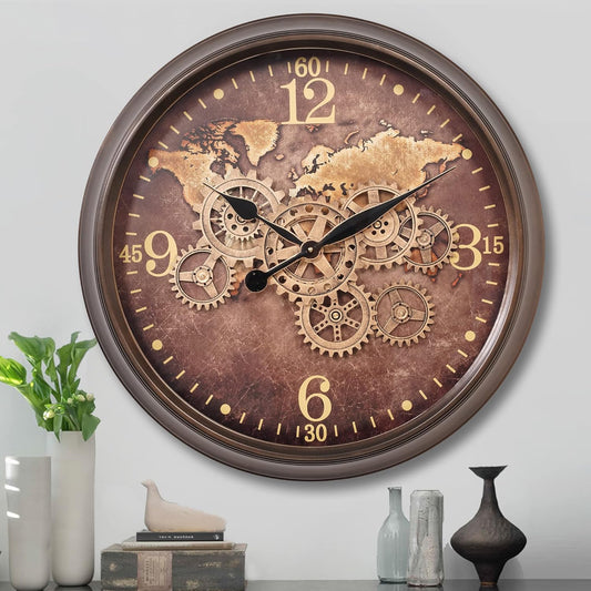 CLXEAST 24 Inch Large Wall Clock with Moving Gears, Industrial Clocks with World Map Dial, Oversized Cool Wall Clock for Living Room Decor,Oil Rubbed Bronze Brown