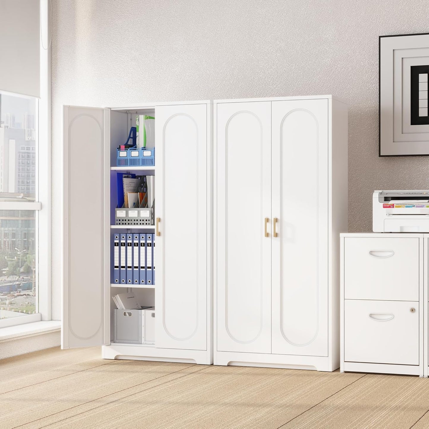 Kitchen Pantry Cabinet,60”Metal White Storage Cabinets with Doors and Shelves,Tall Cabinet with 2 Gold Hands for Dinning Room,Living Room