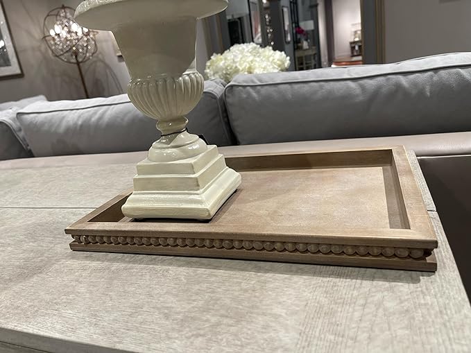 Wood Decorative Tray-Vitage Brown Washed Bead Tray for Coffee Table Wooden Serving Trays Ottoman Tray for Living Room Candle Holder Home Organizer Farmhouse Home Decor (Rectangular)