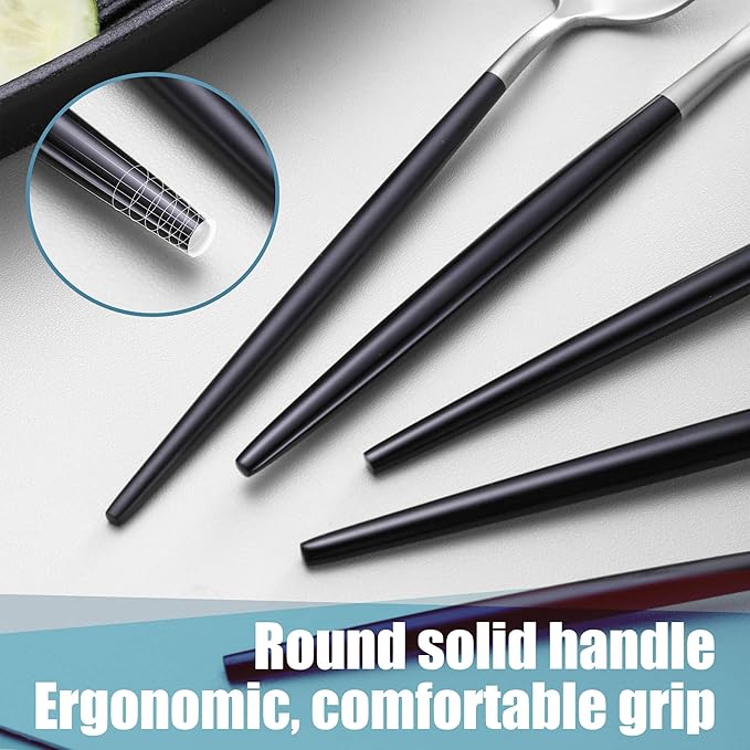 Matte Black Silver Silverware Set for 6,Modern Stainless Steel Brushed Cutlery Set,30-Pieces Heavy Duty Flatware Set,Knives Spoons and Forks Set Utensils Set, Satin Finish, Dishwasher Safe