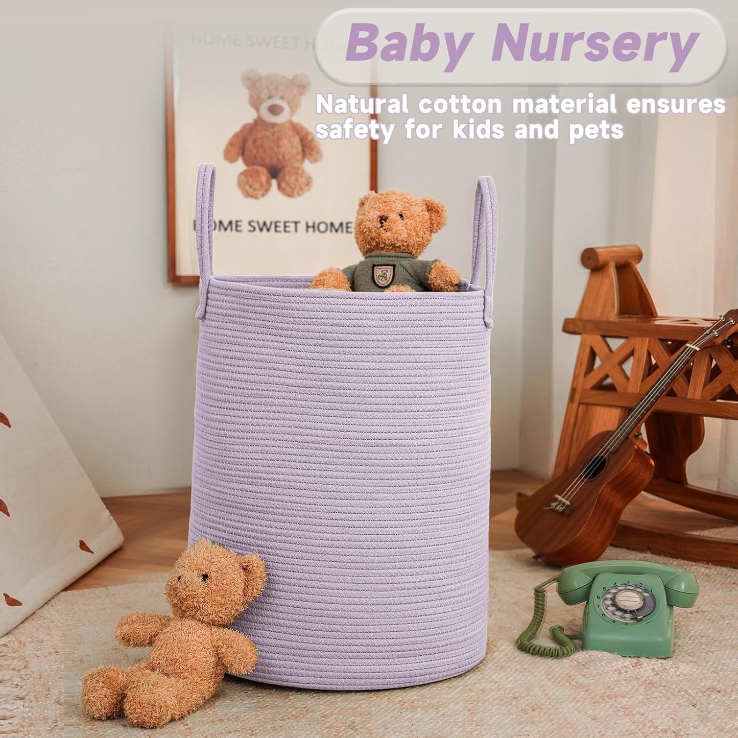 Large Woven Laundry Basket Hamper,60L Cotton Rope Storage Bin for Blankets,Toys and Clothes,Decorative Tall Nursery Hamper for Living Room,Baby Nursery,Bathroom and Bedroom,Purple