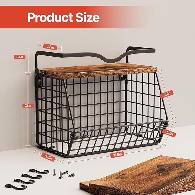 2 Pack Fruit Bowl Hanging Fruit Basket for Kitchen Counter ,Stackable Wire Baskets for Onion Storage and Potato Storage with Wood Lid,Vegetable Fruit Basket with Banana Hooks